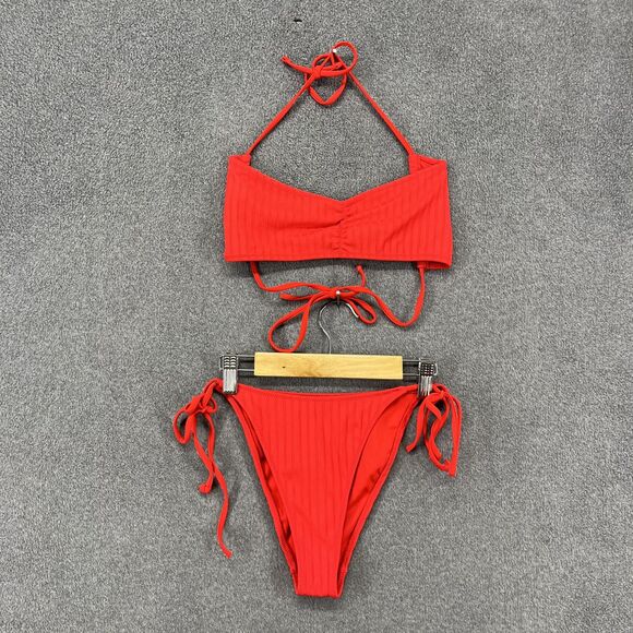 Pacsun Swim Bikini Womens Top Large Bottom Small Red Ribbed Two Piece Tie Side - Picture 1 of 11